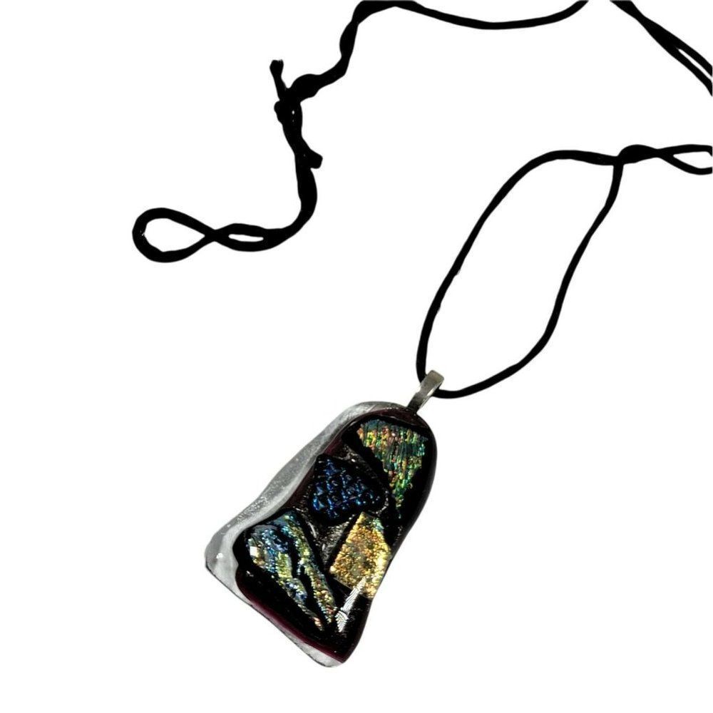 Purple Gold Flecks Abstract Geometrical Art Glass Pendant With Cord Necklace - Picture 2 of 4